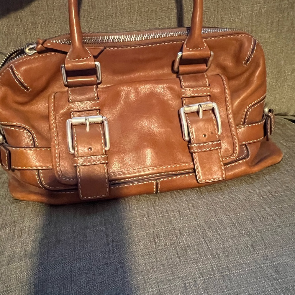 Michael Kors Tan Leather Satchel with Silver Buckles